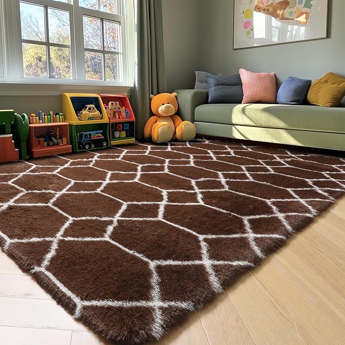 6x9 Area Rugs for Living Room Bedroom, Large Fluffy Brown and White Throw Rug - Image 7