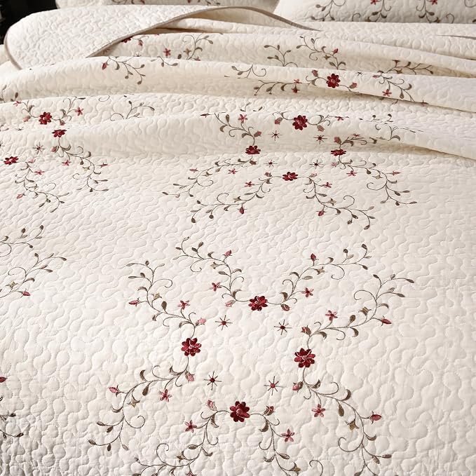 Quilt Set King Floral Leaves 3D Embroidery Pattern 3-Piece Cotton Blend | - Image 4