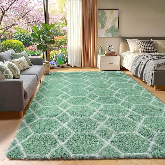 Area Rugs for Bedroom Living Room, 4x6 Fluffy Sage Green and White Throw Rug by ONASAR