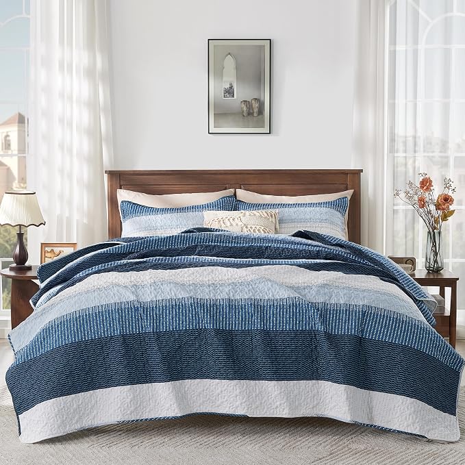 Navy Blue Quilt Twin, 2 Pieces Patchwork Striped Bedspread Set | Striped Quilt - Image 5