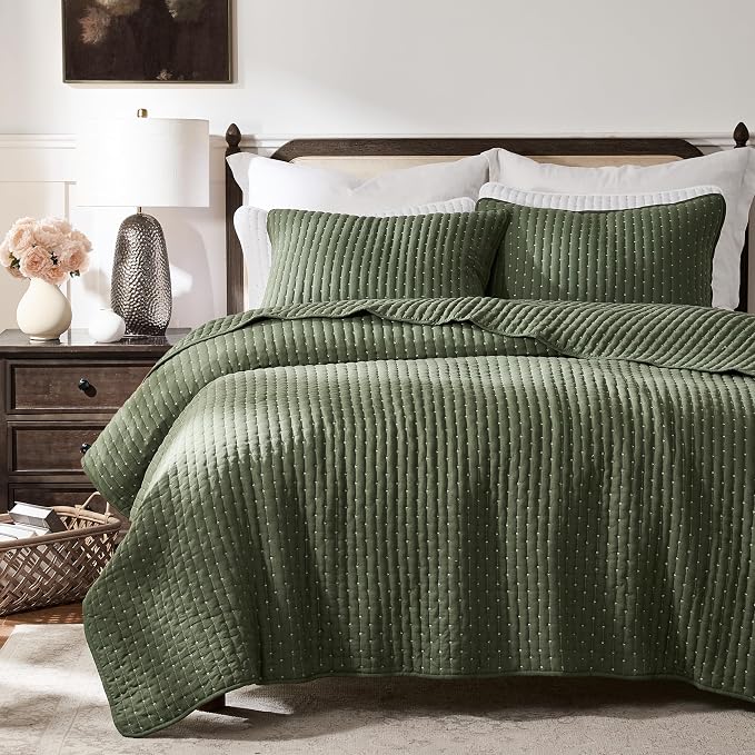 WDCOZY Olive Green Cross Stitch California Cal King Size Quilt Set, Oversized by WDCOZY