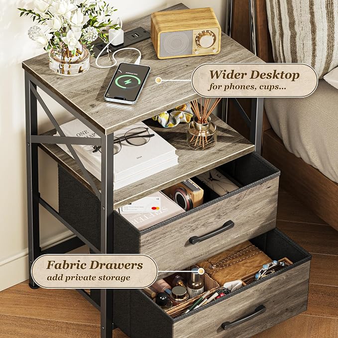 Huuger Night Stand with Charger Station, USB-C Port, End Table | 2 Drawer - Image 5