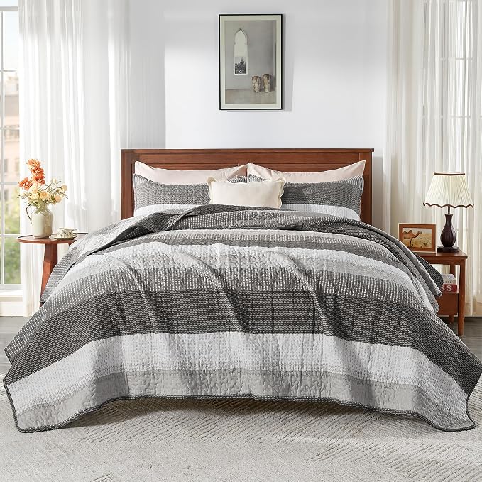 Oversized King Quilt Set, Dark Grey Stripe Bedspread, 3 Pieces | 120x98 Inch - Image 9