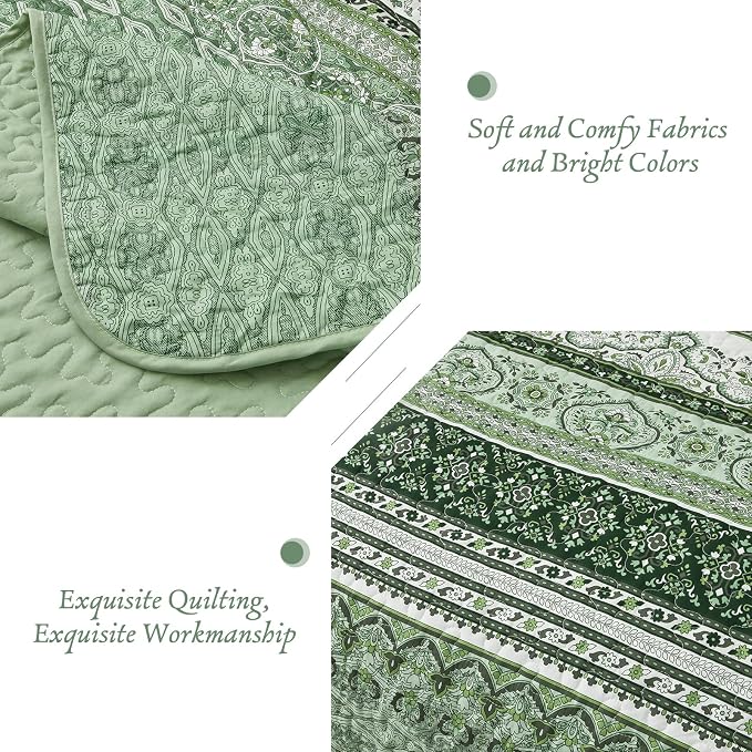 WONGS BEDDING Boho Queen Quilt Set, Light Green Bohemian Quilt Bedding Set - Image 5