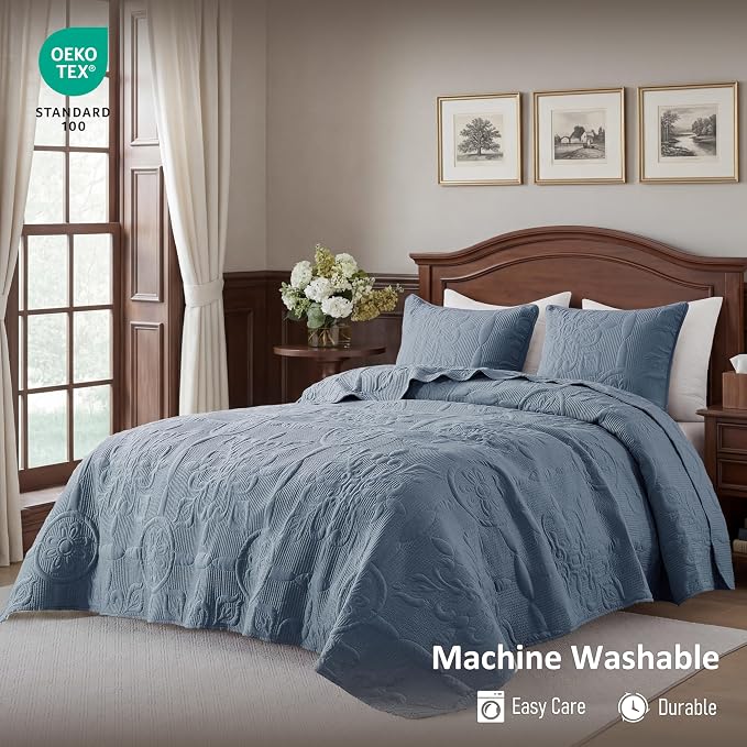 B2EVER Blue Damask Quilt Twin Size Bedding Sets - Image 2