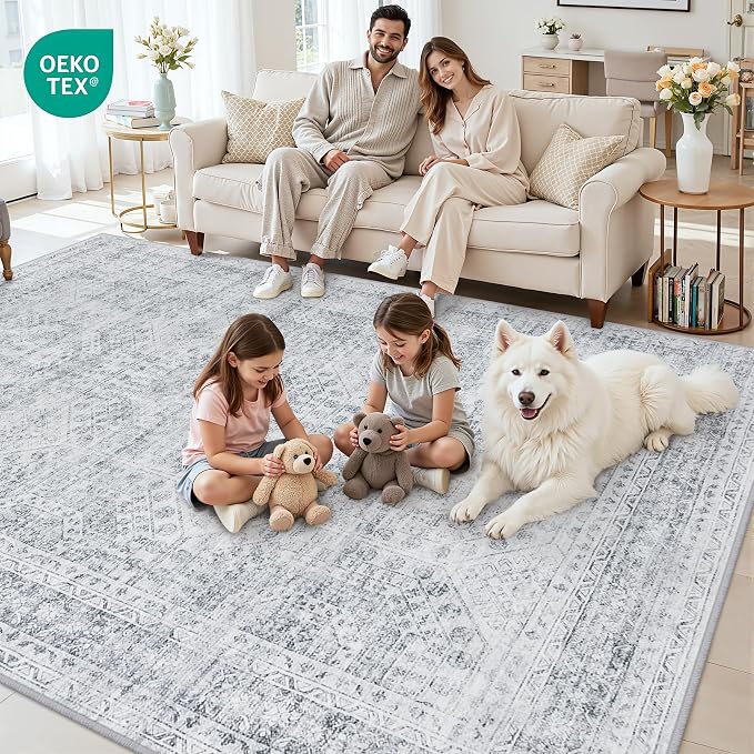 Area Rugs 9x12 Living Room: Bedroom Neutral Washable Carpet Gray | Vintage Boho - Image 7
