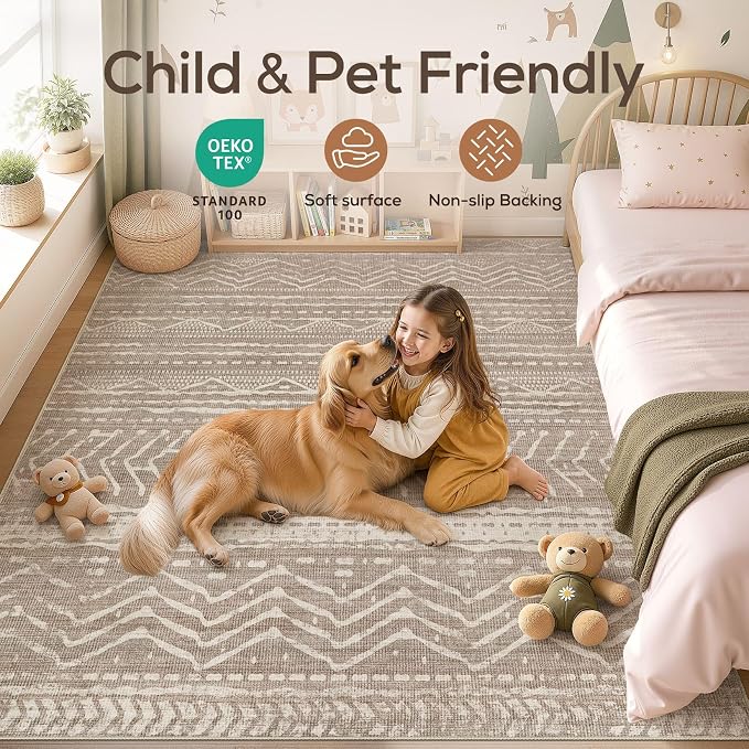 6x8 Area Rugs Living Room: Washable Boho Large Neutral Soft Rug Farmhouse Stain - Image 4