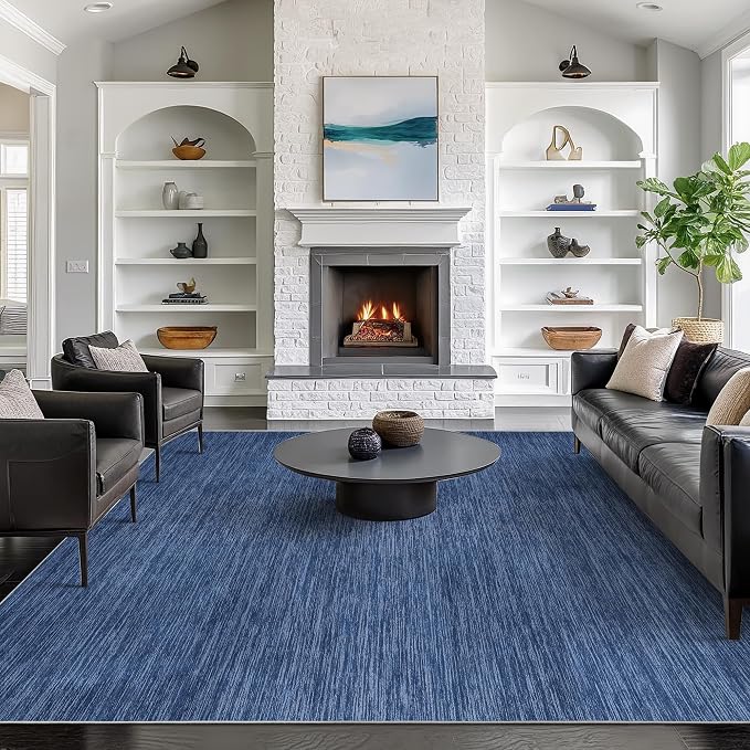 8x10 Area Rugs for Living Room, Large Washable Rug Non Slip Navy | Soft Low Pile by Valenrug
