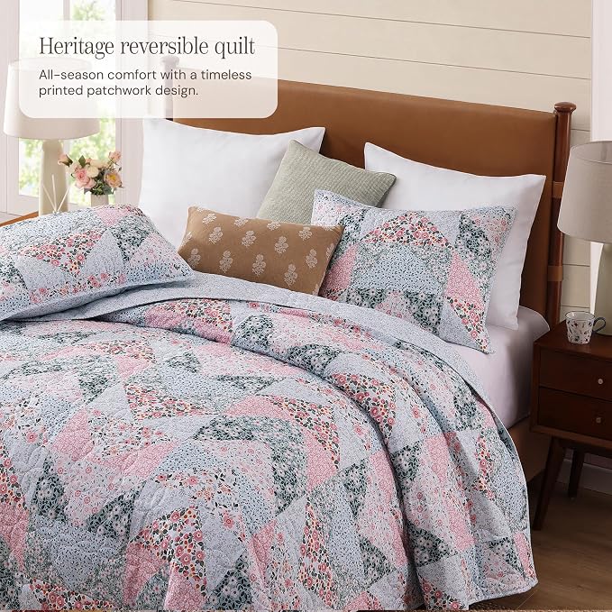 King Quilt Set-3 Pieces Soft Bedding Lightweight Floral Patchwork Coverlet | - Image 2