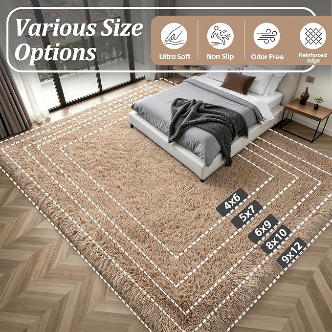 Area Rug Living Room Bedroom: 5x7 Fluffy Plush Shag Carpet Beige | - Image 9
