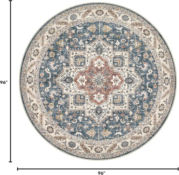 cotiled 8ft Round Living Room Area Rug, Traditional, Vintage Blue | Soft - Image 2