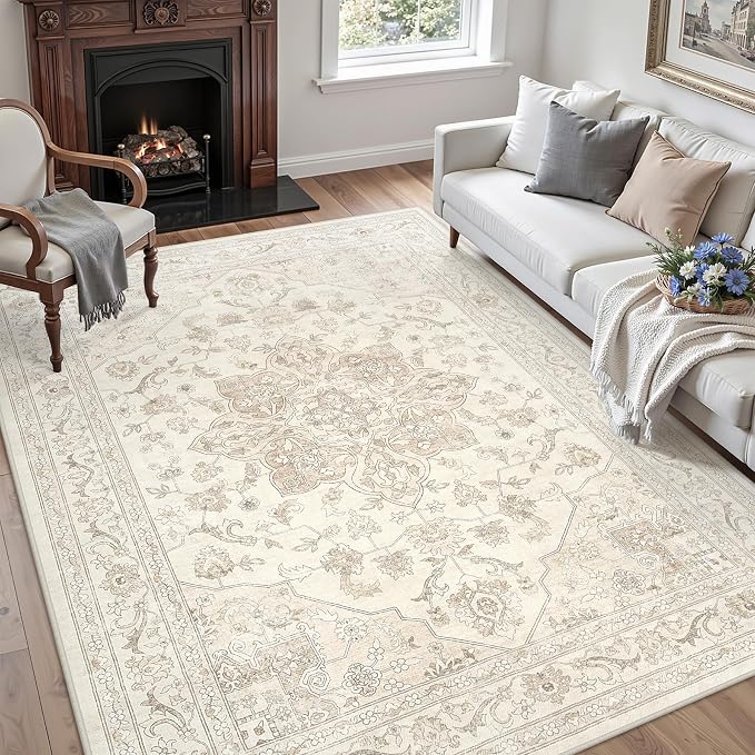 4x6 Area Rugs Living Room: Bedroom Washable Carpet Beige White | Vintage Boho - Image 3