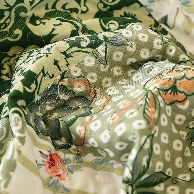 Cmfshape Summer Floral Queen Quilted Bedspread, Romantic Green Quilt Set - Image 5