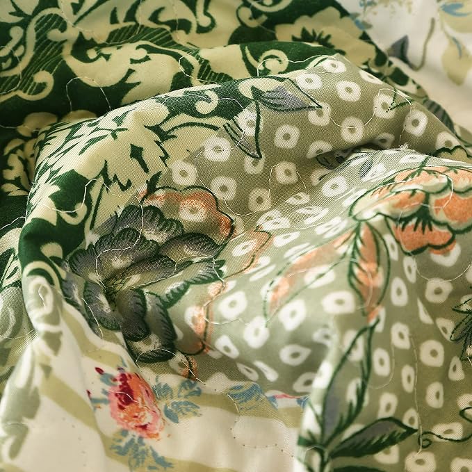 Cmfshape Summer Floral King Quilted Bedspread, Romantic Green Quilt Set King - Image 4