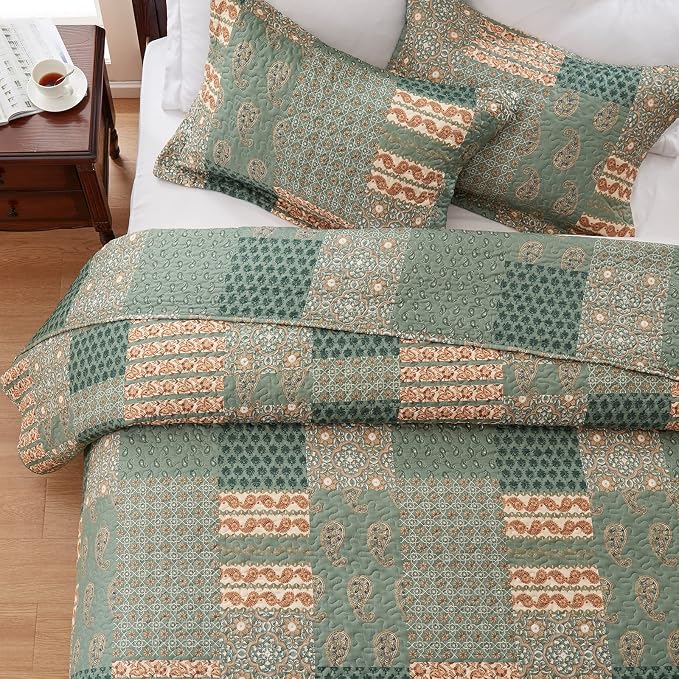 2 Pieces Twin Size Quilt Set Olive Green Paisley Bedspread Coverlet Lightweight - Image 5