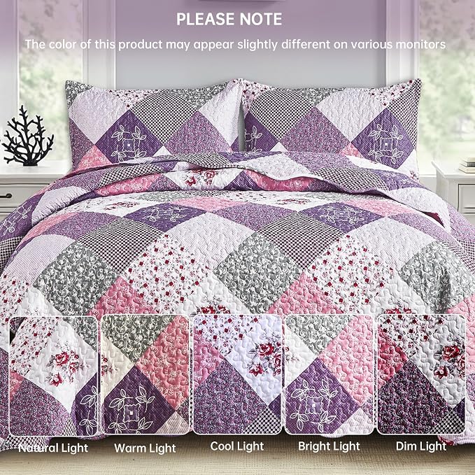 Dinjoy Boho Quilt Set Queen Size, Patchwork Floral Bedspreads, Reversible - Image 8