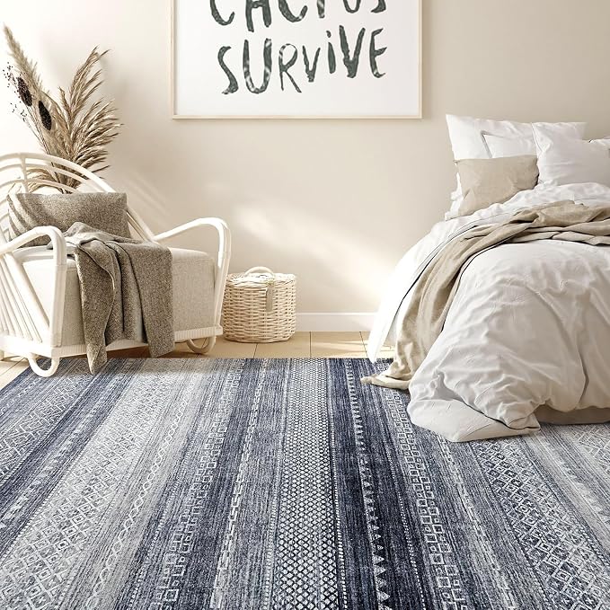 Nakagishi Boho 4x6 Area Rug Living Room Rugs Machine Washable Denim Blue | Soft - Image 4