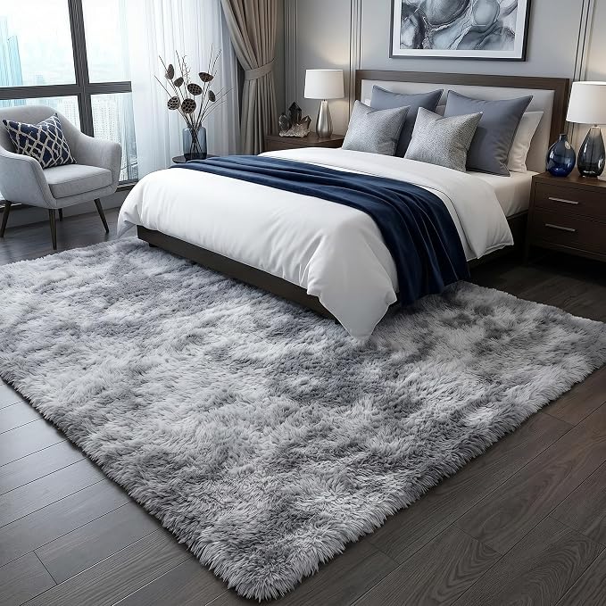 6x9 Area Rugs for Living Room, Large Tie-Dyed Light Grey Fluffy Shag Rug for - Image 5