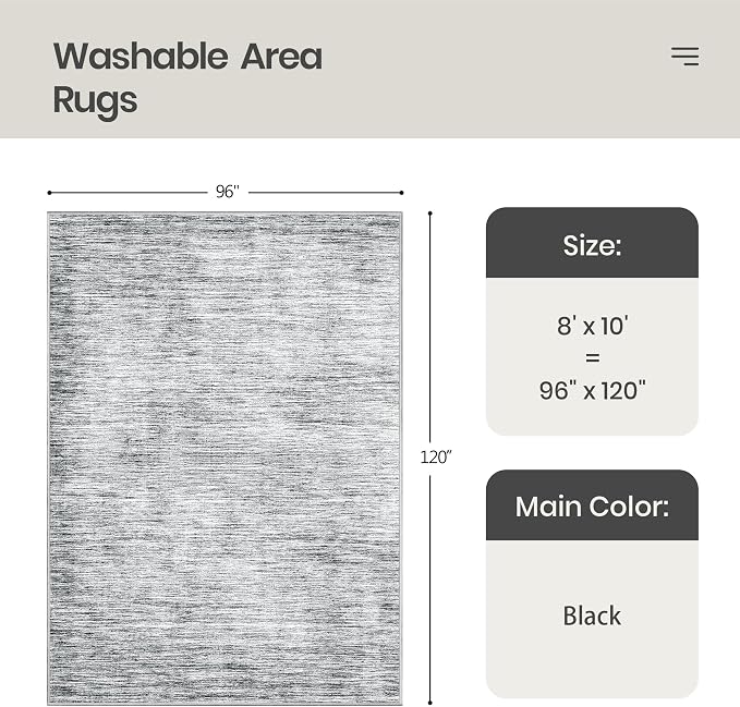 8x10 Area Rugs for Living Room, Large Washable Rug Non Slip Black | Soft Low - Image 2