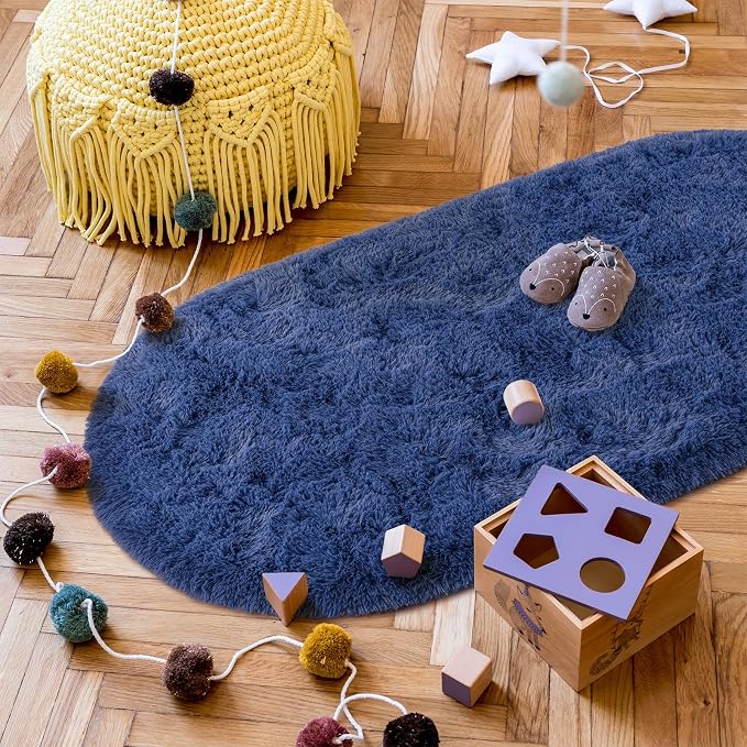 Goideal Fluffy Bedroom Rug, Small Oval Area Rugs, Light Navy Shag Bedside Carpet - Image 5