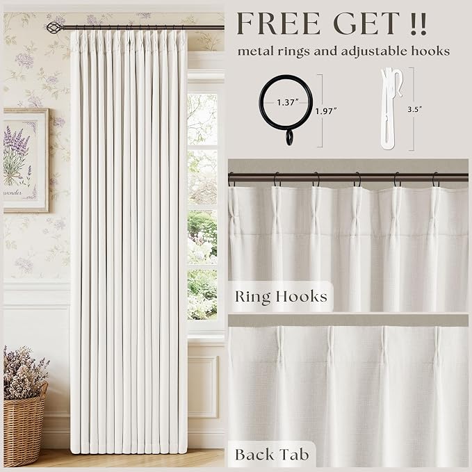Pinch Pleated Blackout 108 Inch Bedroom Linen Curtains 2 Panels Ivory White | - Image 3