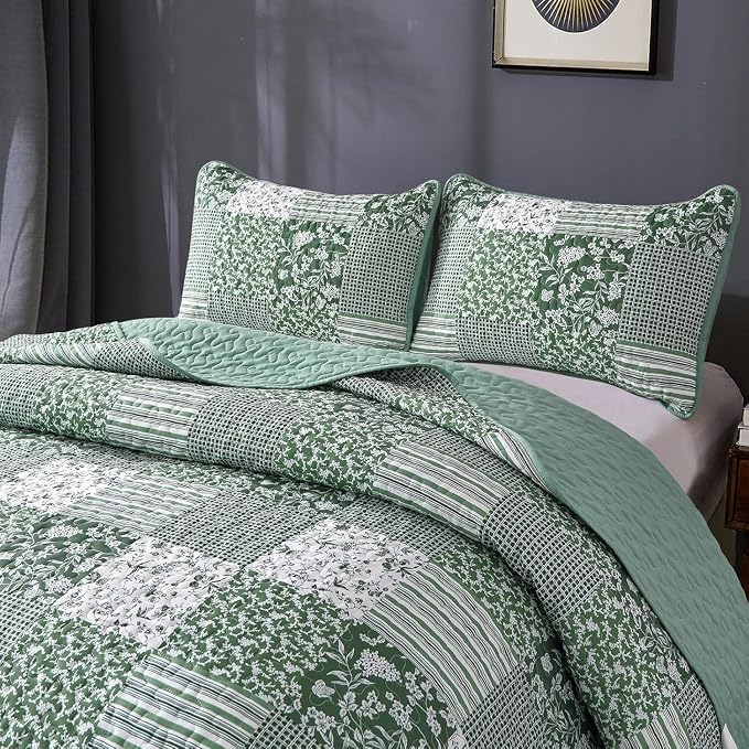 Mybedsoul Green Quilt Set Full Size, Patchwork Reversible Bedding Set | Soft - Image 8