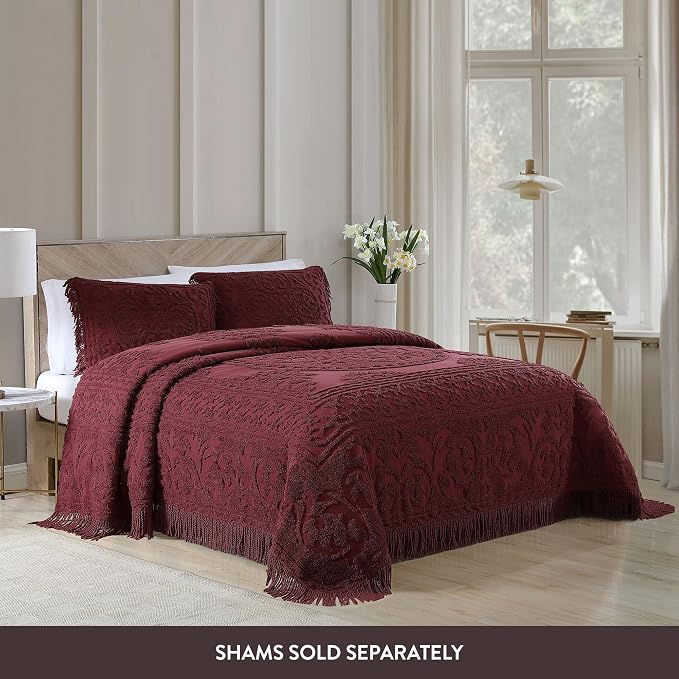 Beatrice Home Fashions Medallion Twin Cotton Chenille Bedspread, Burgundy | - Image 3