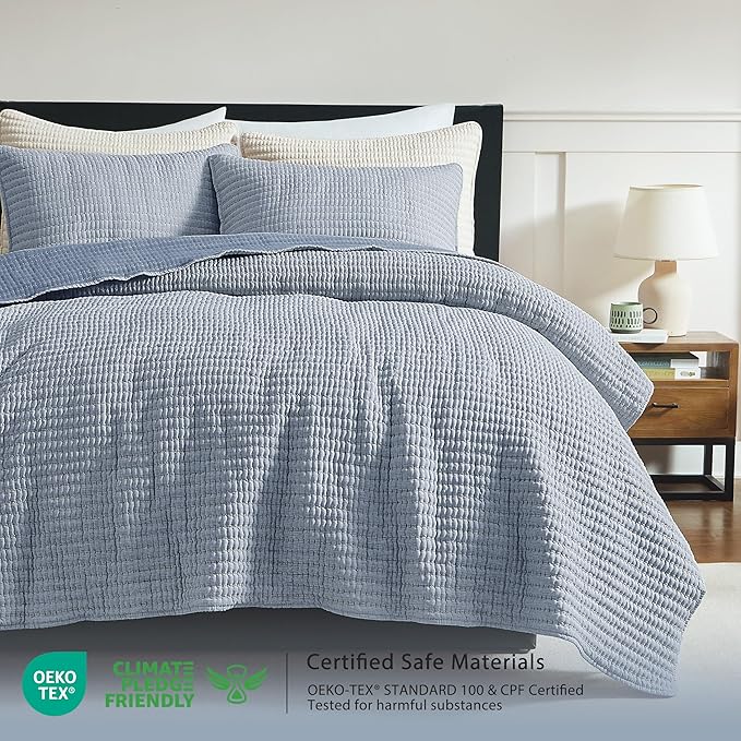 Chambray Pick Stitch Oversized King Size Quilt Set, California King Striped - Image 2