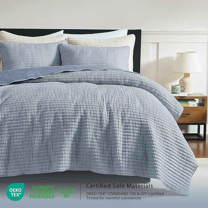 WDCOZY Chambray Pick Stitch Twin Size Quilt Set, Denim Blue Striped Lightweight - Image 2