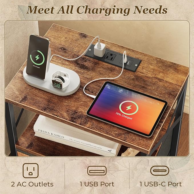 Huuger Night Stand with Charger Station, USB-C Port, End Table | 2 Drawer - Image 4