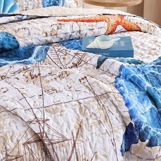weigelia Coastal Quilt King Size, Nautical Lightweight Summer Bedding | Vintage - Image 7