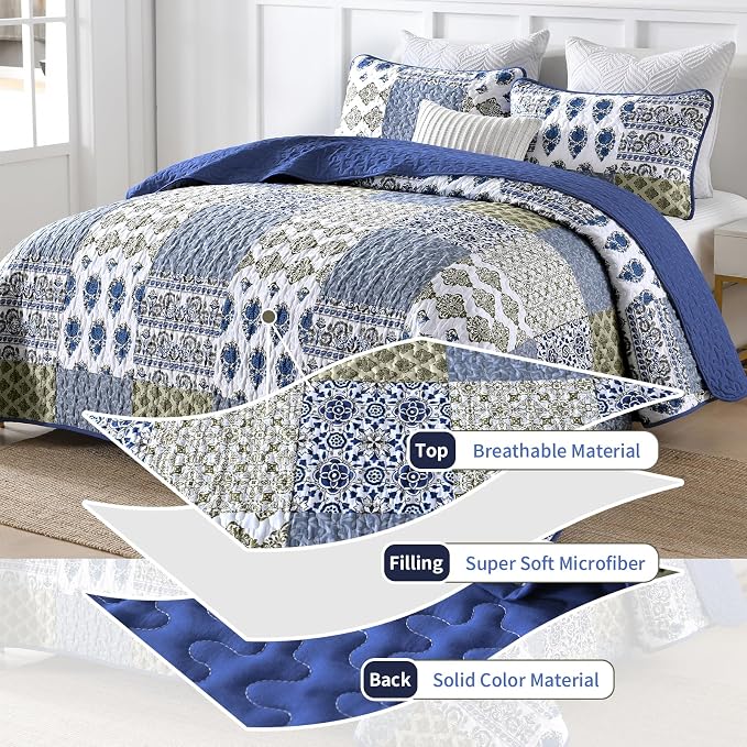 Mybedsoul Aqua Blue Quilt Set King Size, 3 Pieces Boho Plaid Bedspread Set | - Image 6