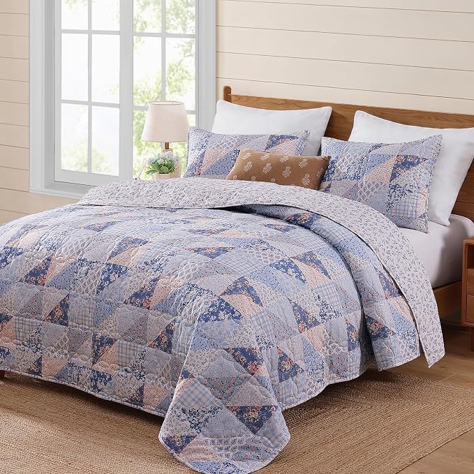 Queen Quilt Set-3 Pieces Soft Bedding Lightweight Floral Patchwork Coverlet | - Image 7