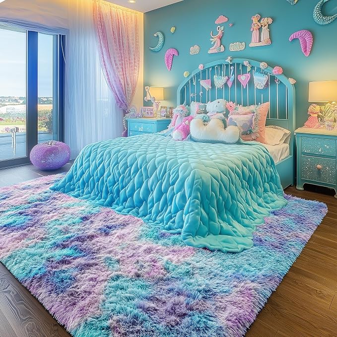 Adorable Rainbow Mermaid Rugs for Girls Bedroom Fluffy Purple Rug 3x5 Ft | - Image 7