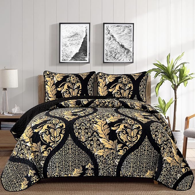 DJY Black Quilt Set Queen Size, Boho Gold Damask Bedspread Coverlet 3Pcs | Soft by HOME
