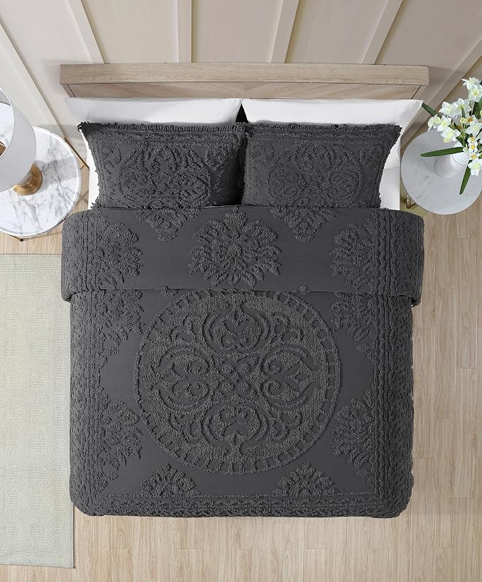 Beatrice Home Fashions Medallion King Cotton Chenille Sham, Charcoal | Vintage - Image 3