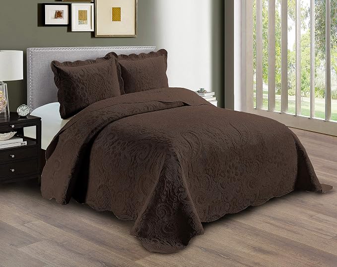 Linen Plus Embossed Coverlet Bedspread Set Oversized Solid Coffee Full/Queen by Linen+Plus