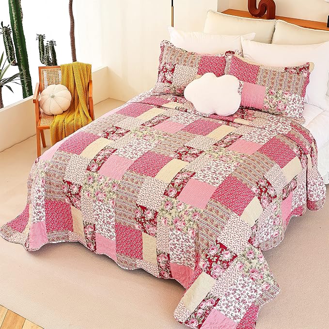 Cmfshape Summer Floral Queen Quilted Bedspread, Romantic Pink Quilt Set Full - Image 3