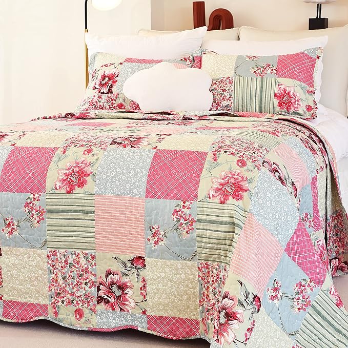 Cmfshape Summer Floral Queen Quilted Bedspread, Romantic Pink Quilt Set by cmfshape-quiltset