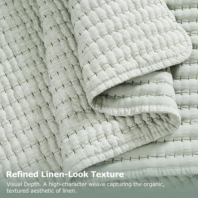 WDCOZY Sage Green Pick Stitch King Size Quilt Set, Striped Lightweight Soft - Image 6