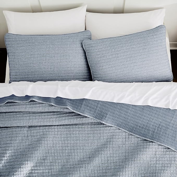 WDCOZY Chambray Pick Stitch King Size Quilt Set, Denim Blue Striped Lightweight by WDCOZY