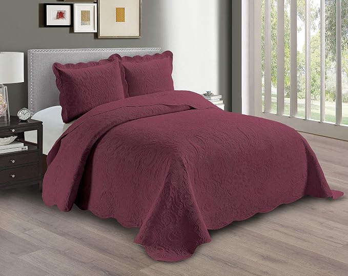 Linen Plus Embossed Coverlet Bedspread Set Oversized Solid Burgundy Full/Queen by Linen+Plus