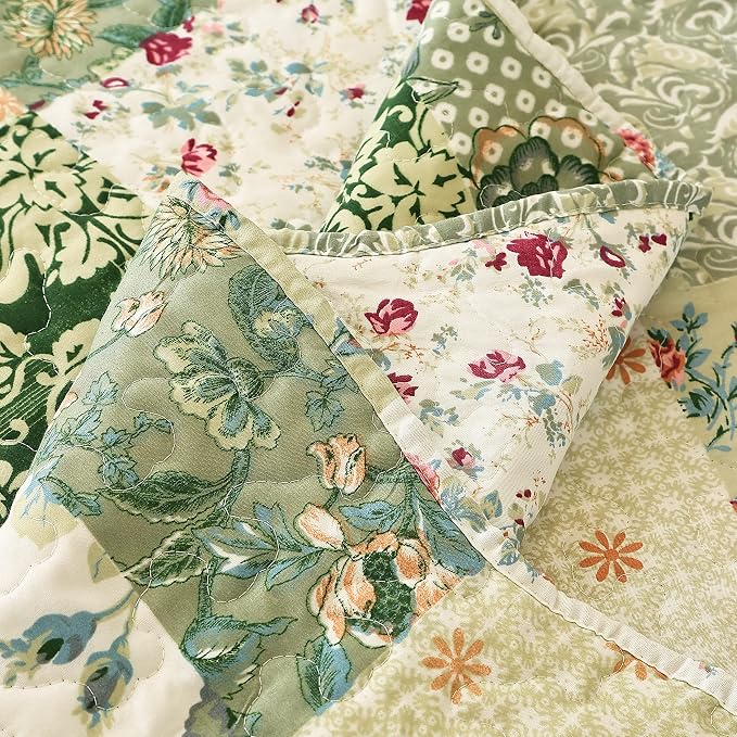 Cmfshape Summer Floral King Quilted Bedspread, Romantic Green Quilt Set King - Image 5