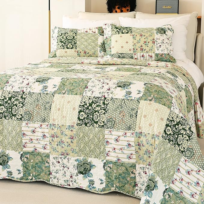 Cmfshape Summer Floral King Quilted Bedspread, Romantic Green Quilt Set King by cmfshape-quiltset