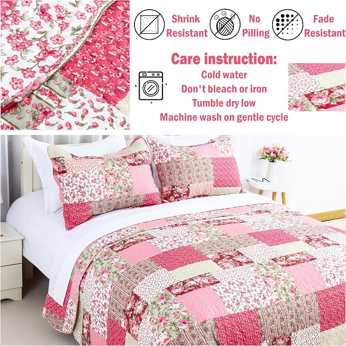 Cmfshape Summer Floral Queen Quilted Bedspread, Romantic Pink Quilt Set Full - Image 7
