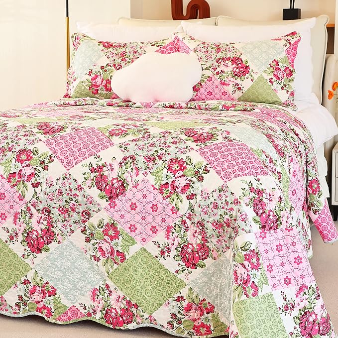 Cmfshape Summer Floral King Quilted Bedspread, Romantic Pink Quilt Set by cmfshape-quiltset