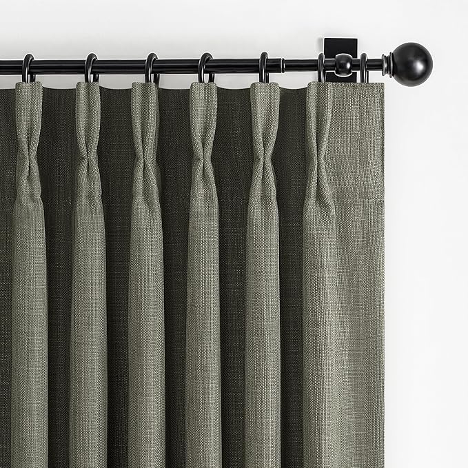 Pleated Linen Blackout Extra Wide Greenish Grey Curtains 96 Inches Long | - Image 10