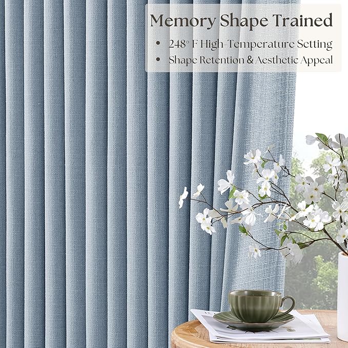 Blue 96 Inch Blackout Pinch Pleated Thick Linen Curtains - Image 4