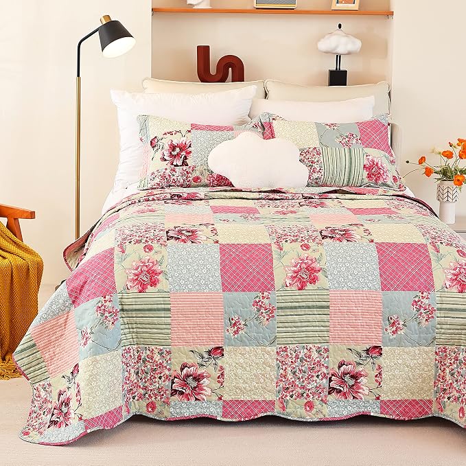 Cmfshape Summer Floral Queen Quilted Bedspread, Romantic Pink Quilt Set - Image 2