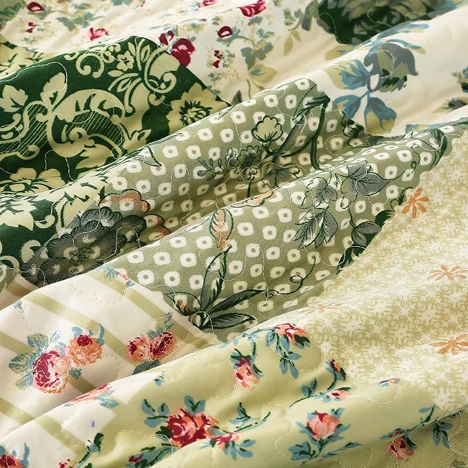 Cmfshape Summer Floral Queen Quilted Bedspread, Romantic Green Quilt Set - Image 4
